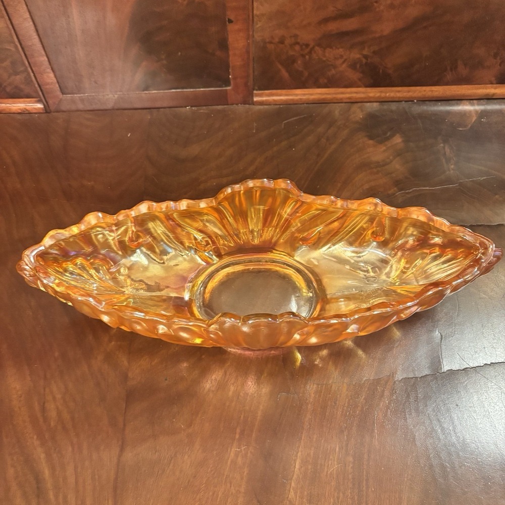 Vintage Jeannette Glass Marigold Carnival Glass Gondola Bowl Iridescent 15" Oval - Picture 3 of 8